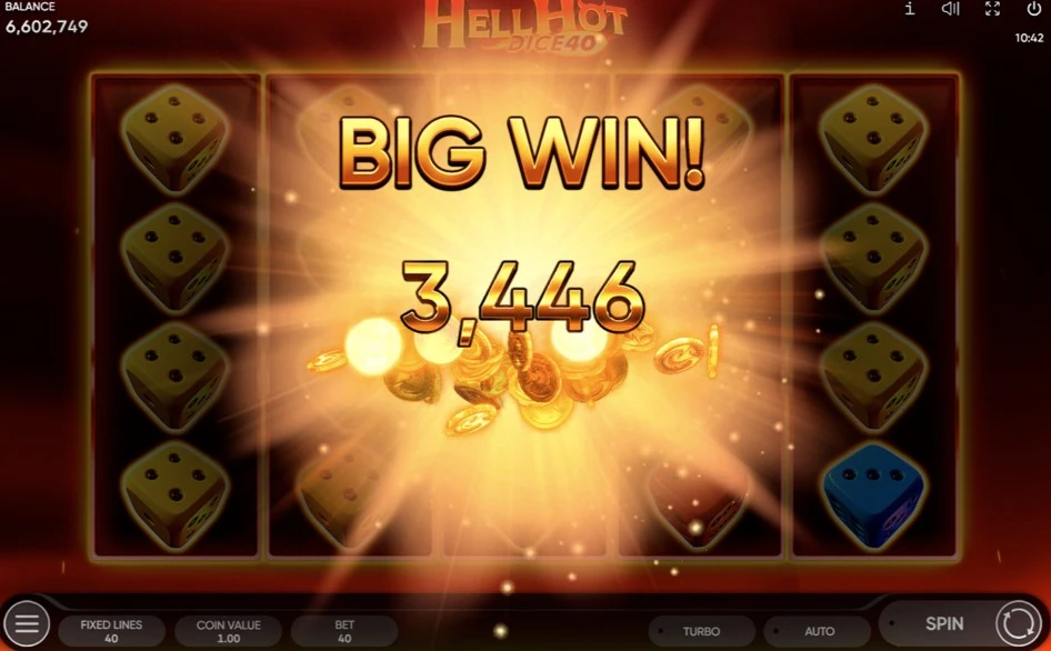 Hell Hot 40 big win screen — stacked wilds covering multiple paylines